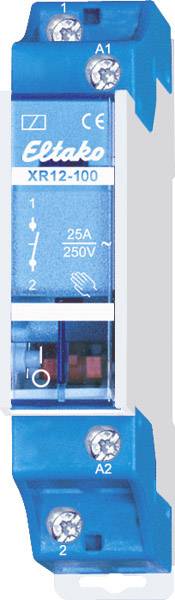 Blue switching relay by 'Eltako', model 'XR12-100', with 25A, 250V capacity. Screw terminals at top and bottom, CE mark visible.