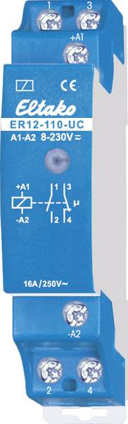 Blue relay with label 'Eltako ER12-110-UC', voltage 'A1-A2 8-230V', 16A/250V~, connection instructions and circuit diagram.