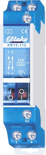 Blue electrical module with the inscription 'Eltako XR12-110', displaying electrical symbols and specifications '25A 250V', surrounded by connections.