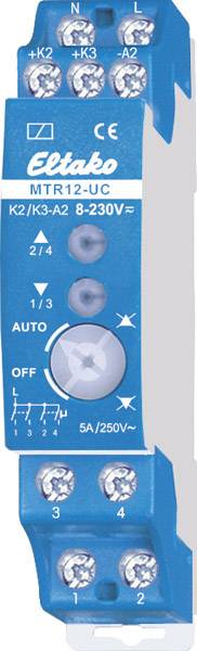 Blue Eltako MTR12-UC Multi-Function Time Relay with Rotary Dial. Labelled with '2/4', '1/3', 'AUTO', 'OFF', and voltage '8-230V'.