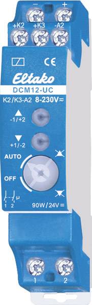 Blue relay module with white inscription 'Eltako DCM12-UC'. Screw terminals at the top, rotary switch at the bottom with positions 'Auto' and 'Off'.