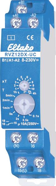 A blue Eltako time switch, model RVZ12DX-UC, for 8-230V. The switch has a rotary control for times ranging from 1 minute to 12 hours.