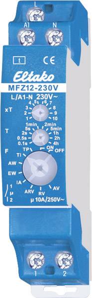 'Relay Module MFZ12-230V' in a blue housing, with multiple configuration options, including time interval and function setting.