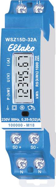Blue Eltako WSZ15D-32A electricity meter, displaying '1520.1' kWh on the digital display. Screw terminals visible at the top and bottom.