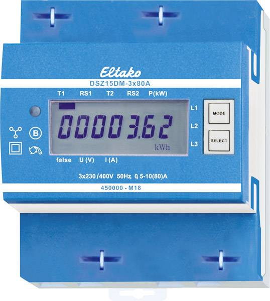 Eltako DSZ15DM-3x80A electricity meter shows 3.62 kWh. Blue housing colour, digital display, buttons for mode and selection.