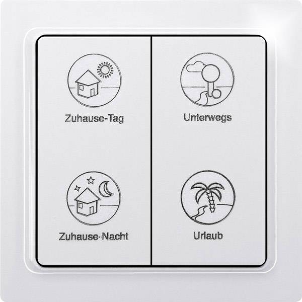 Light switch with four symbols: 'Home-Day', 'Away', 'Home-Night', and 'Holiday', indicating different lighting modes.