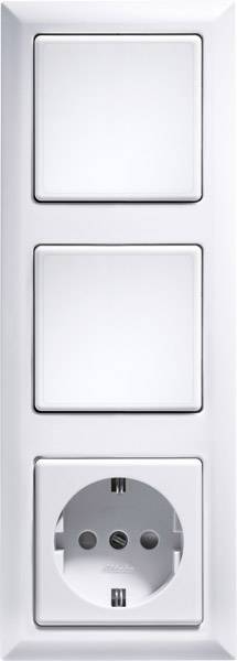 White double socket with two empty switch plates above it, mounted on a white wall.