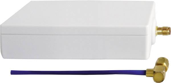 White, rectangular device with blue cable and gold-coloured connector on the right. Possible antenna or electronic component.