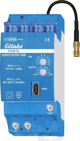 A blue Eltako FAM14 device for 230V/12VDC-8W with USB port and antenna. Displays configuration controls and status indicators.