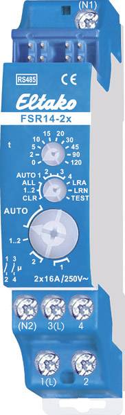 'FSR14-2x' is a relay by Eltako with a rotary control and connections, suitable for 2x16A/250V~, compatible with RS485 systems.