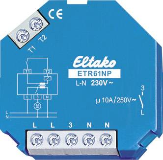 Electrical component with the inscription 'Eltako ETR61NP', 230V, blue in colour, showing circuit diagram, four terminals at the bottom.