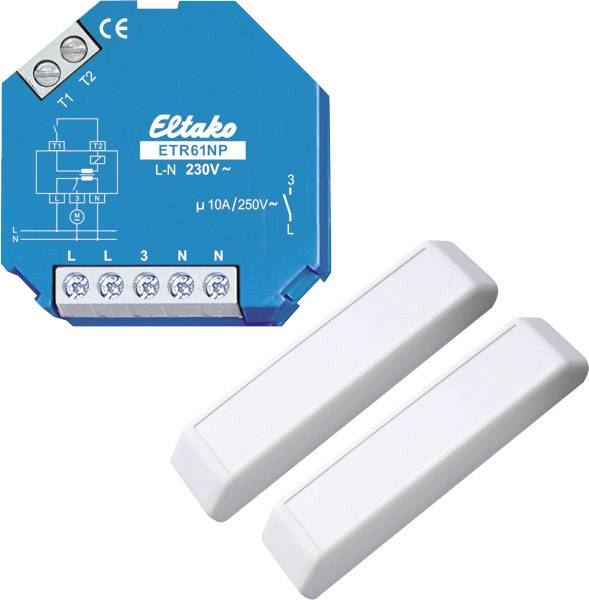 A blue Eltako wireless switch with a white housing for electrical installation, labelled 'ETR61NP L-N 230V', alongside two white remote control transmitters.