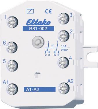 An electrical relay by Eltako, model R81-002, displays a circuit diagram on the front alongside the labelling '10A 250V'.
