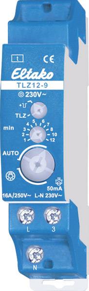 Electronic stair light timer switch, blue, Eltako TLZ12-9 model, with rotary control and connection terminals. Uses 230V voltage.