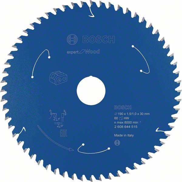 The image shows a Bosch saw blade with the inscription 'Expert for Wood'. It is suitable for wood and has 60 teeth.