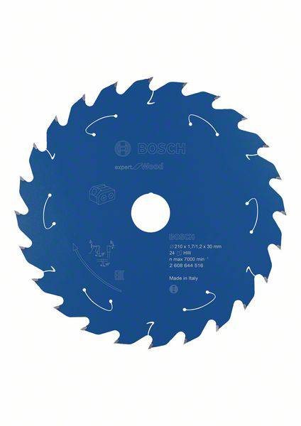 A blue circular saw blade with printed logos and technical specifications from Bosch. Suitable for wood cutting.