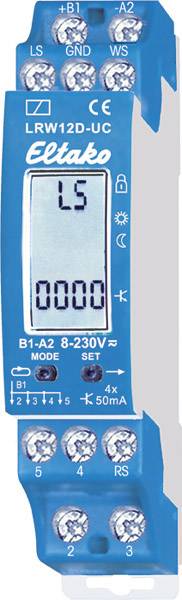 A blue electronic Eltako device with a digital display shows '0000'. It has multiple connectors on the top and bottom, model number LRW12D-UC.