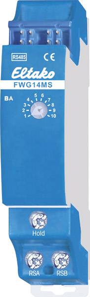 Blue module with the inscription 'Eltako FWG14MS'. It has a rotary switch and screw terminals for electrical connection.