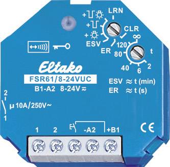 A blue Eltako switch, model FSR61/8-24VUC, displays settings for time and voltage. Four terminals at the bottom for wiring.