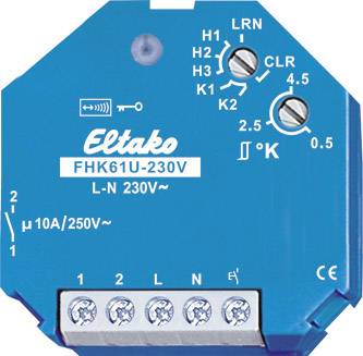 Blue Eltako FHK61U-230V Radio-Controlled Switching Actuator. Two adjustment dials for brightness and delay at the top, five connection terminals underneath.
