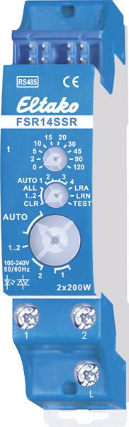'Eltako FSR14SSR' is a blue, electronic switch for DIN rail mounting with rotary buttons and connections for power control.