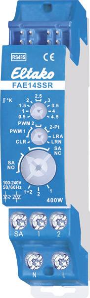 Blue Eltako FAE14SSR Radio Actuator, installable, with rotary controller and buttons for settings. Top side shows LED indicators.
