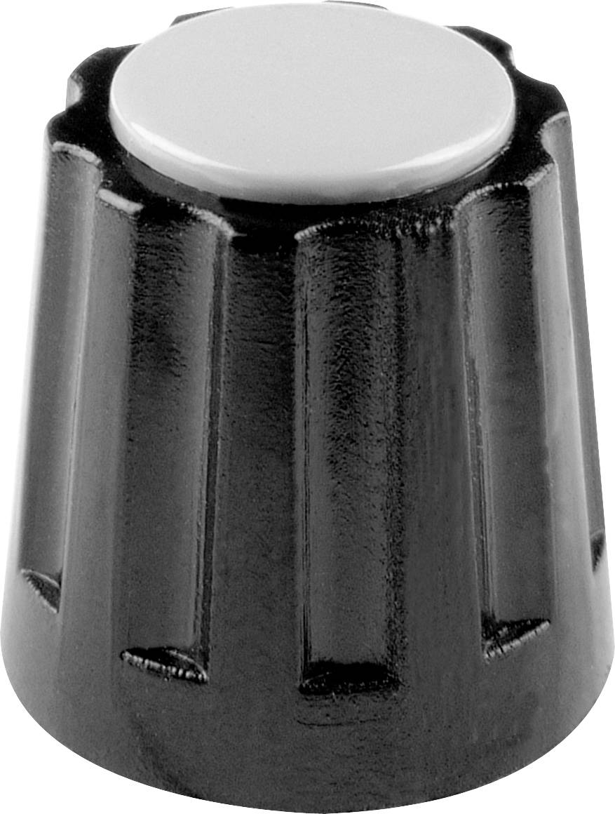 A black rotary knob with a knurled surface and white top for adjusting devices.