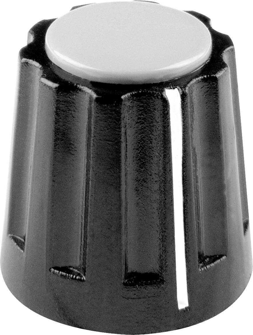 Black ribbed rotary knob with white top surface.