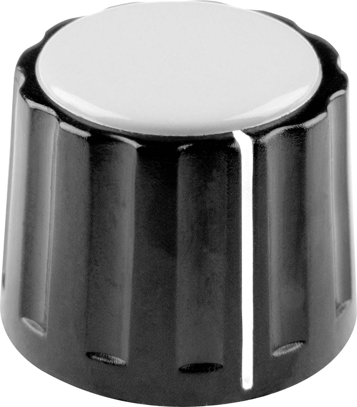 A black ribbed rotary knob with a white top surface, likely for a radio or audio equipment.