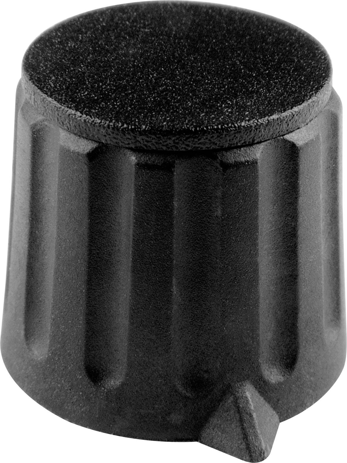 A black, ribbed rotary knob with a small pointer at the base points downwards. The knob has a matte surface.
