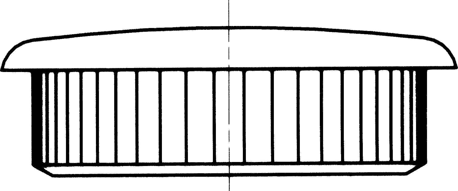 Cross-sectional drawing of a cylindrical structure with rectangular columns and an arched roof.