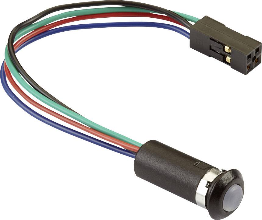A push-button switch with four coloured wires (black, blue, green, red) and a black plug at the end.