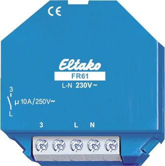 A blue Eltako FR61 relay with CE marking. It supports 230V, 10A/250V~. Three terminal connections are visible below.