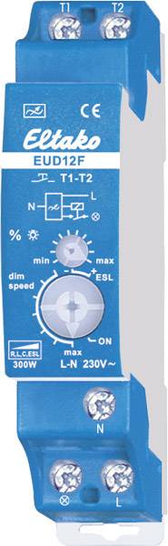 Electronic Dimmer Eltako EUD12F, blue colour, controllable with rotary dial for brightness adjustment from min to max, operating voltage 230V.