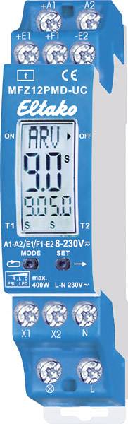 A blue time-delay relay by Eltako, model MFZ12PMD-UC, with a digital display showing '5.0s'. Connections are at the top and bottom.