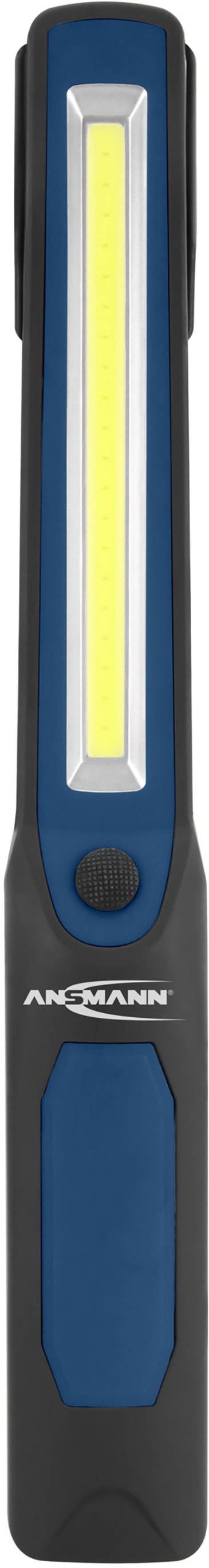 Torch with a blue-black casing, featuring a long yellow LED strip at the front. 'Ansmann' brand, with a switch underneath.