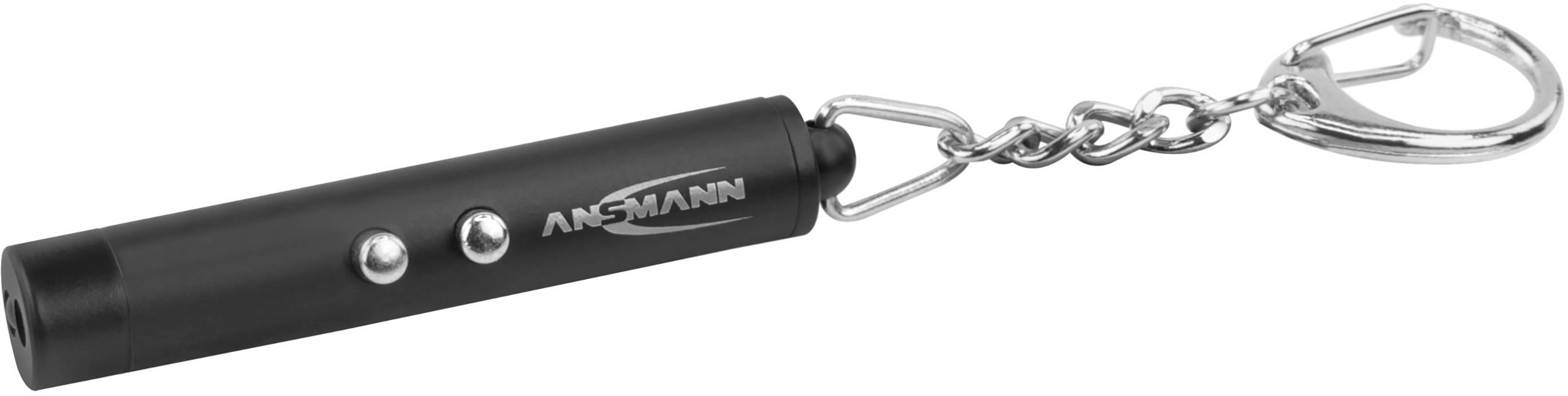 A black laser pointer in the shape of a small pen with a keyring attachment.
