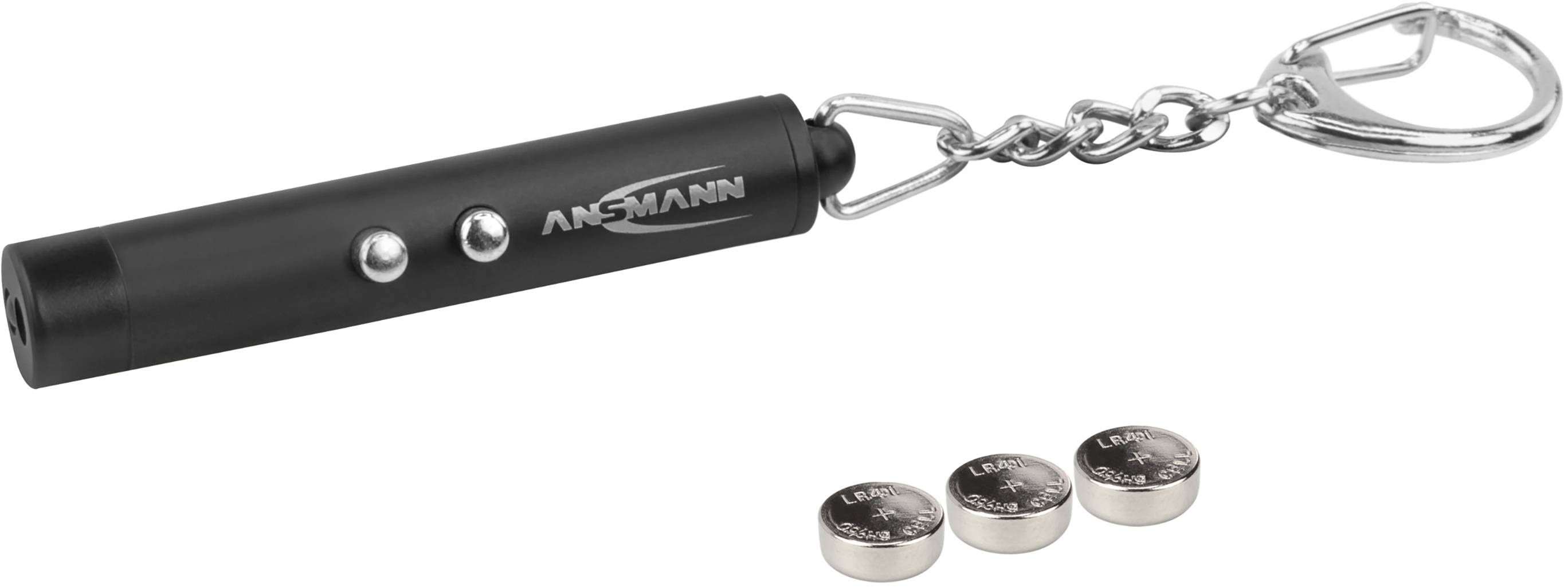 A black laser pointer with two buttons, attached to a lanyard, alongside three round batteries.