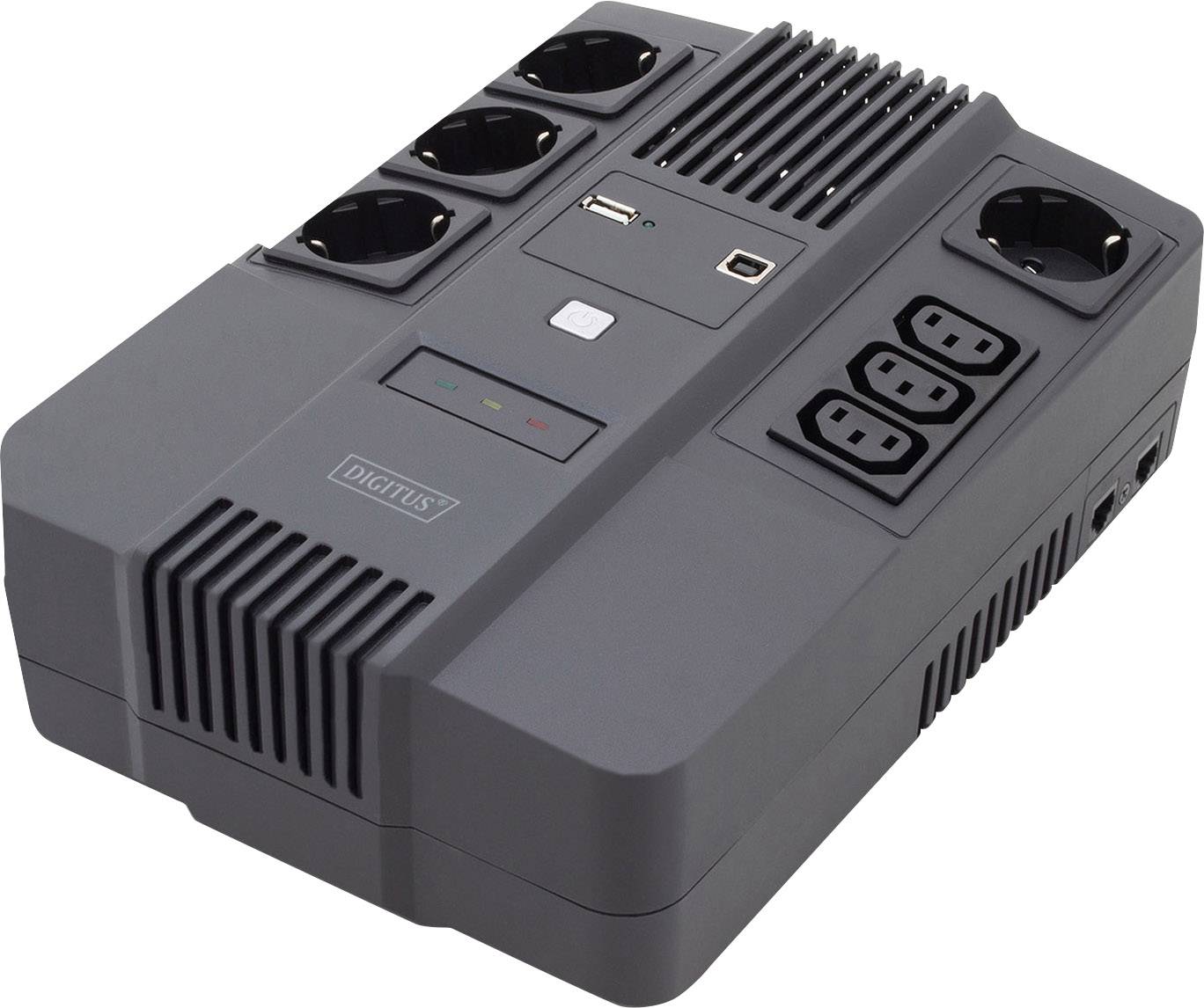 An uninterruptible power supply (UPS) with multiple sockets and connection options for electronic devices.