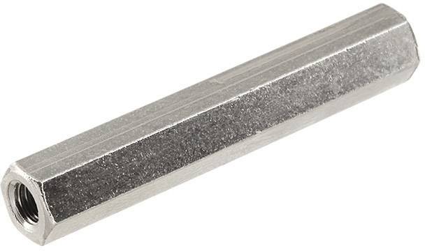 A hexagonal metal spacer with an internal thread at the end. Commonly used in construction systems for maintaining spacing.