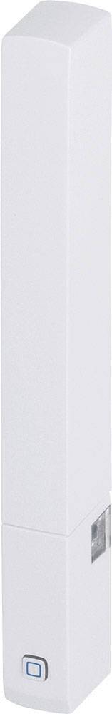 A white, rectangular, vertical plastic container with a blue button at the bottom.