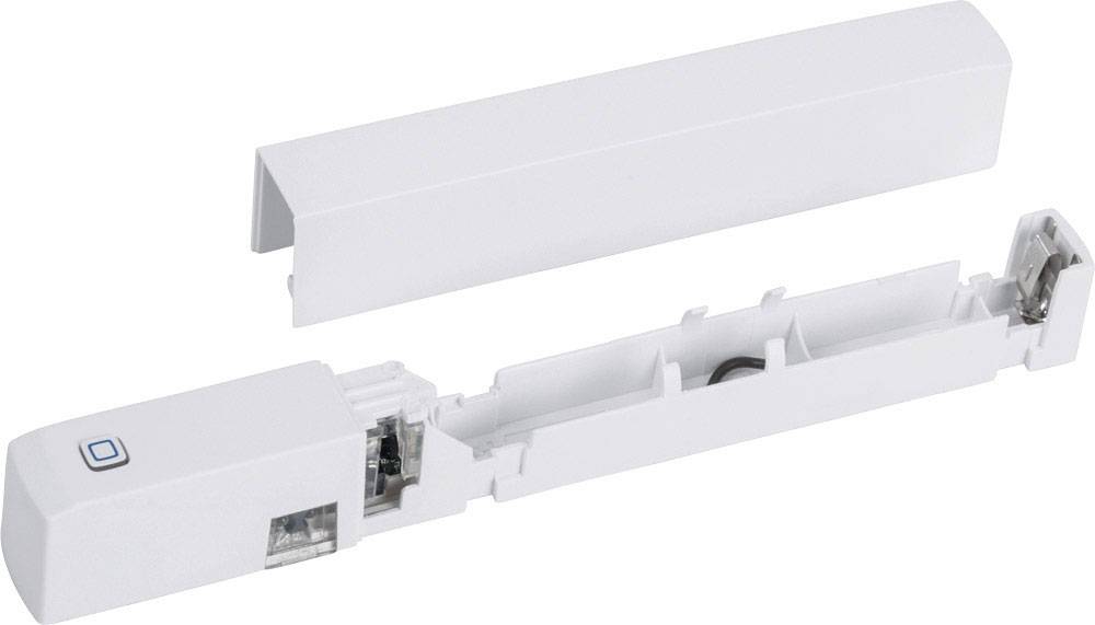 Mounting bracket for battery-operated LED window opening sensor, white, rectangular, with removable cover and sensor opening.