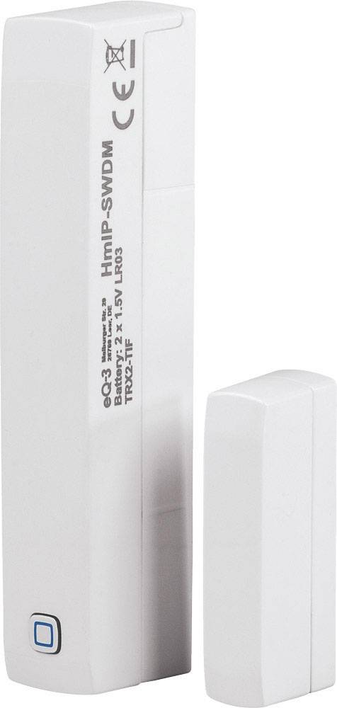 White, rectangular sensor with a smaller magnet. Sensor has CE marking and battery information visible on the side.