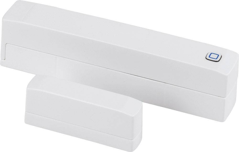 A white magnetic door or window sensor with a rectangular shape, ideal for indoor security and alarm systems.