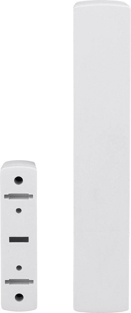 Two white electronic devices, a larger rectangular unit on the right and a smaller one with holes on the left.