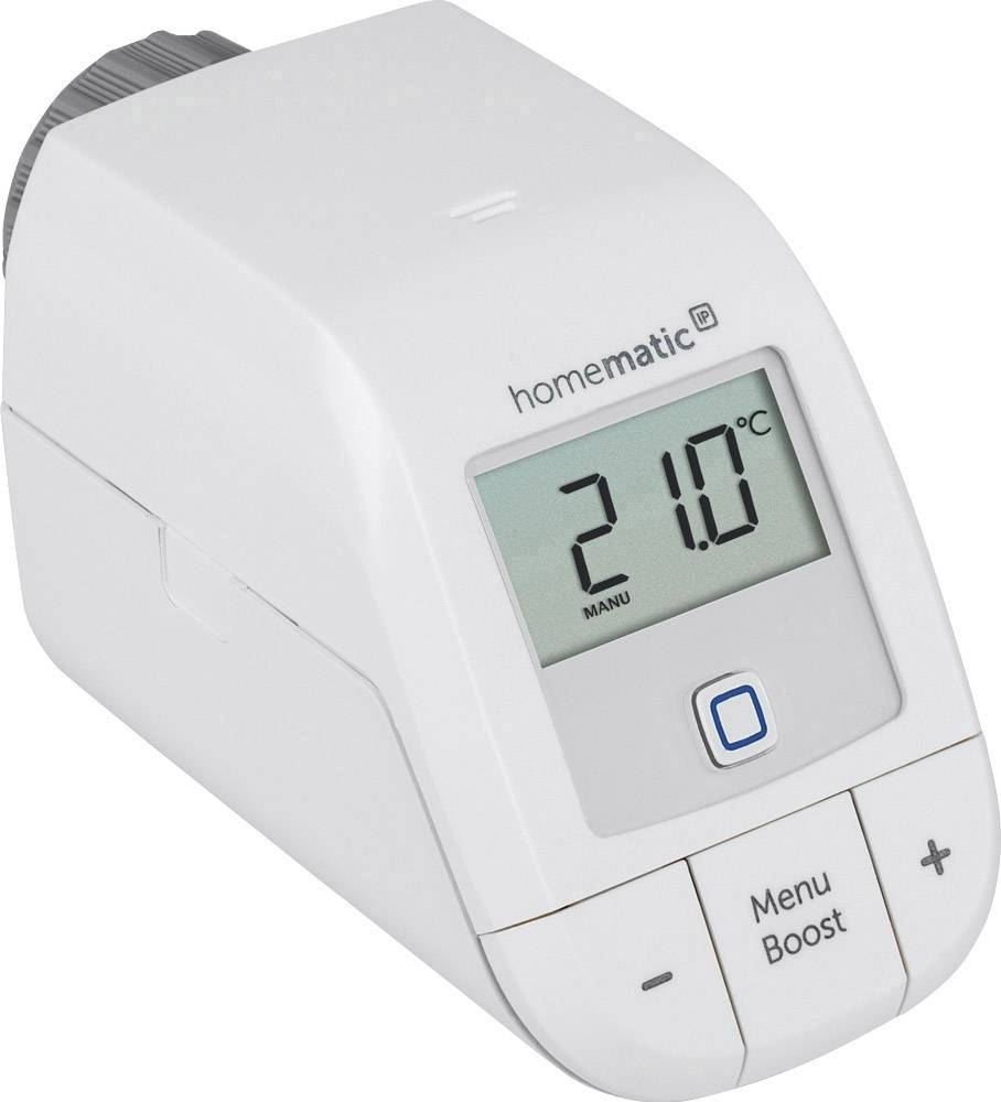 Electronic radiator thermostat with digital display showing 21.0°C. Menu and boost control buttons available.