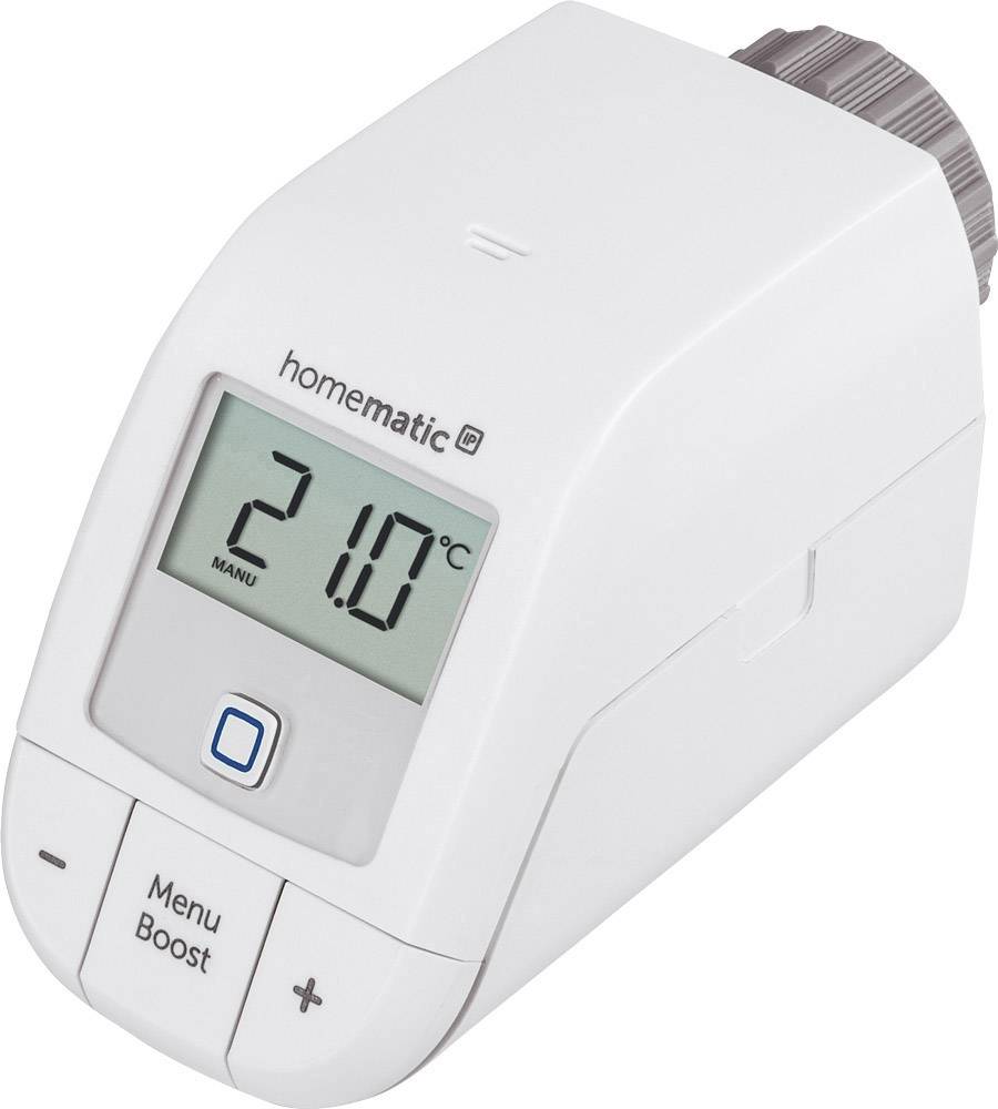 Digital radiator thermostat shows 21.0°C. Buttons for 'Menu' and 'Boost'. Device for controlling room temperature.