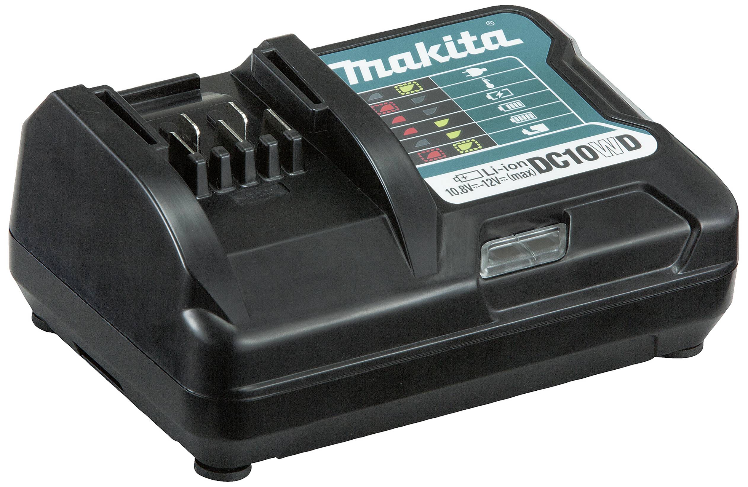 Makita Battery Charger DC10WD for 10.8V-12V Li-Ion Batteries, black, with LED State of Charge Indicator.