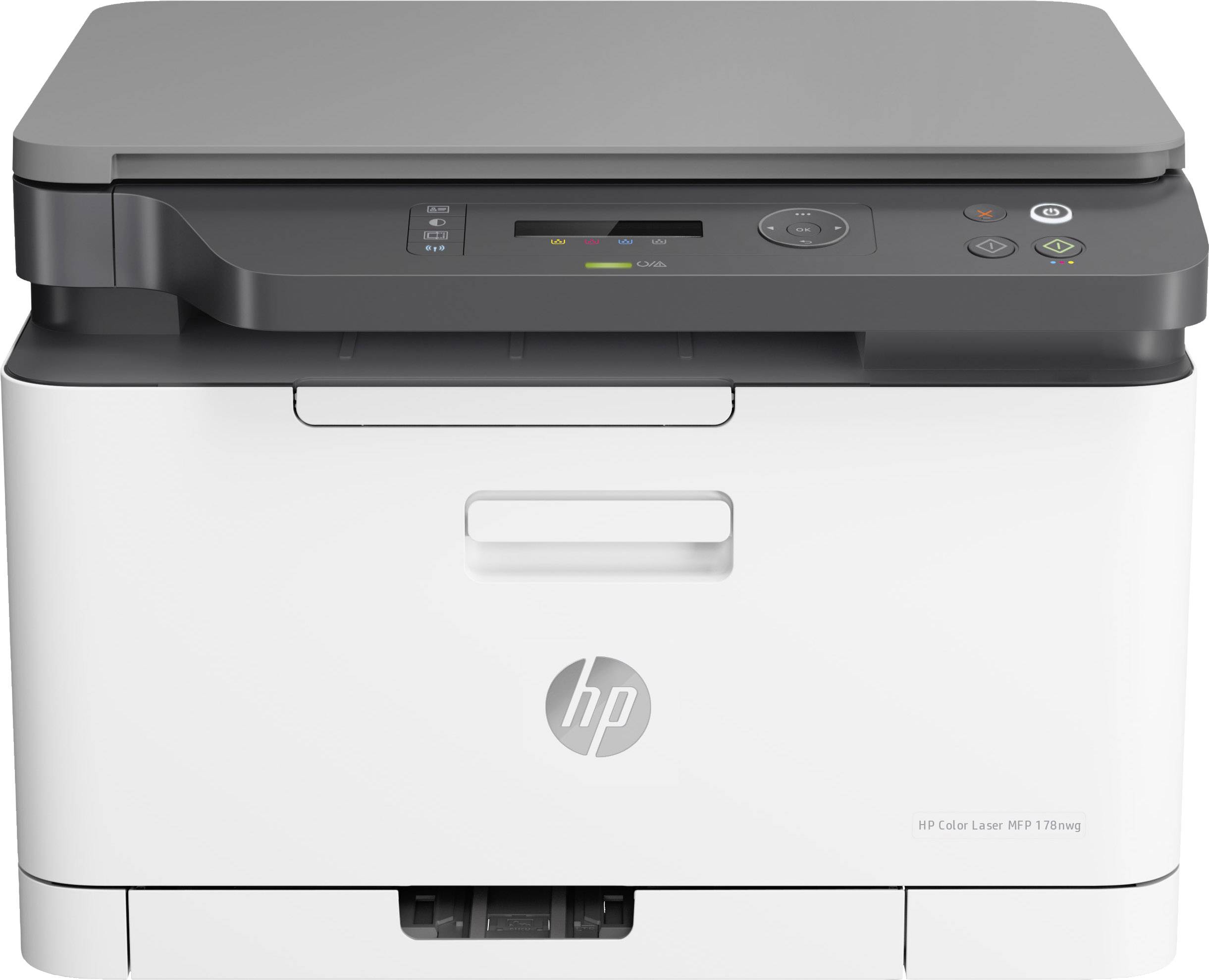 A white-grey multifunction printer with a keypad on top. Brand: HP. Suitable for printing, scanning, and copying.