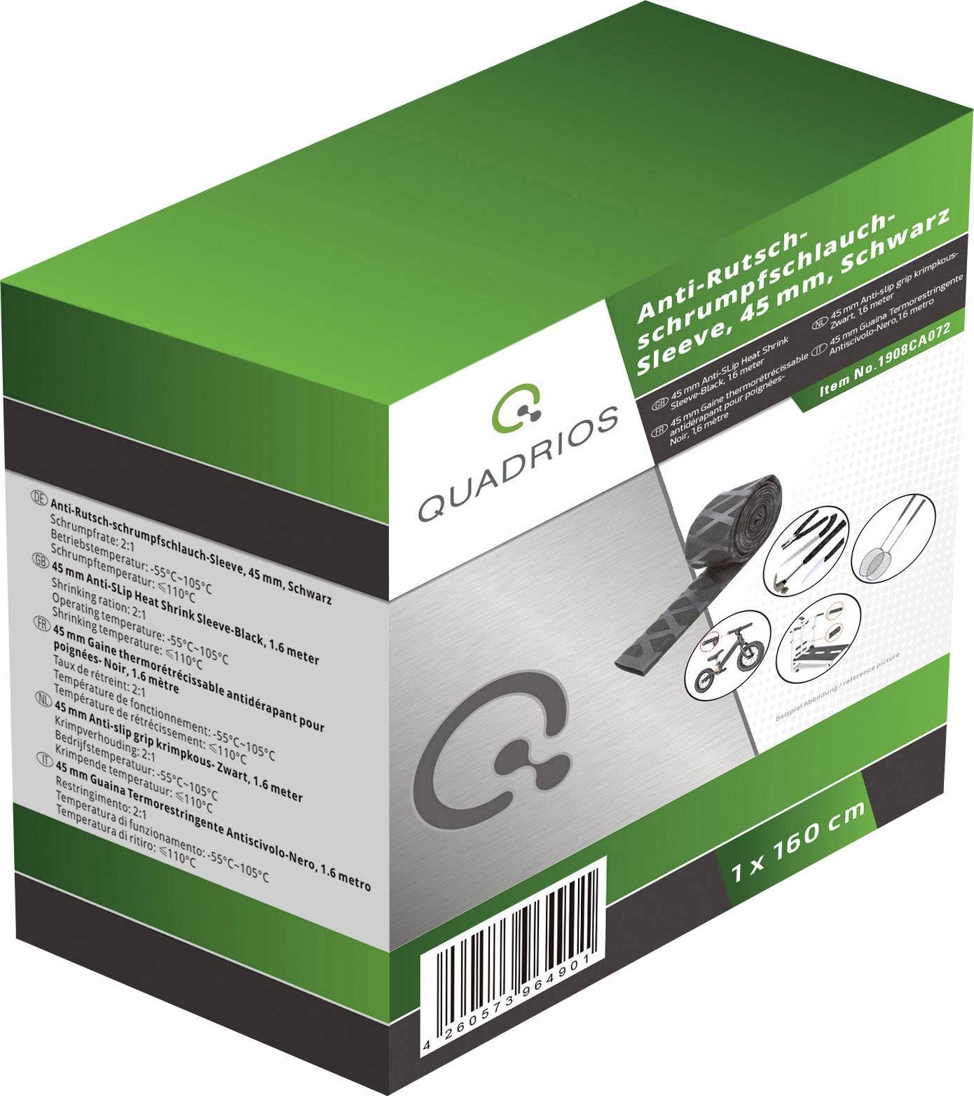 Packaging for a black non-slip heat shrink tube, 45 mm diameter, 160 cm length. Includes product images and application instructions.